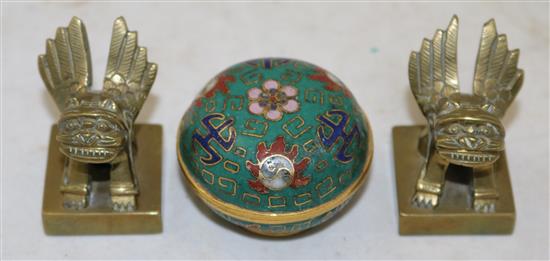 A Chinese cloisonne enamel incense box and cover & a pair of seals